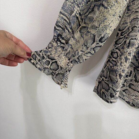 Zara Snake Print Blouse XS Sheer Chiffon V Neck Bling Cuff Button Work Sexy Top - Picture 6 of 14